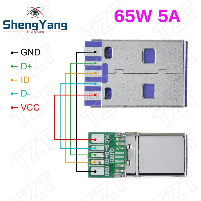 1Set Fast Charge Type-C USB 65W 5A  Male Connector Welding With 5Pin PCB + Type A Male 6 Pin USB DIY OTG Data Charge DIY KIT
