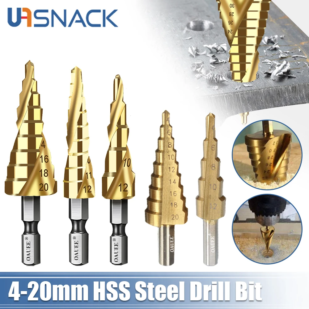 HSS Spiral Grooved Titanium Coated Step Drill Bit Woodworking Tools Parts Wood Metal Hole Cutter Cone Drilling Tool 4- 12/20mm