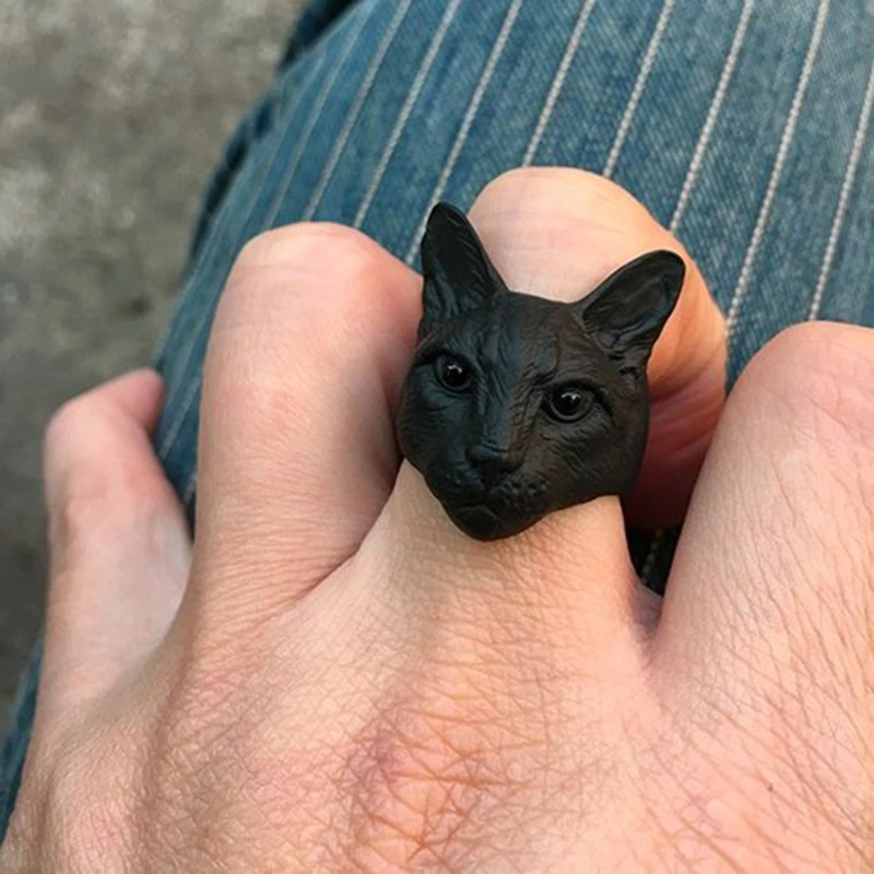 New Cute Adjustable Big Head Cat Rings Black Color Antique Silver Plated Men Fashion Animal Kitty Cat Rings Women