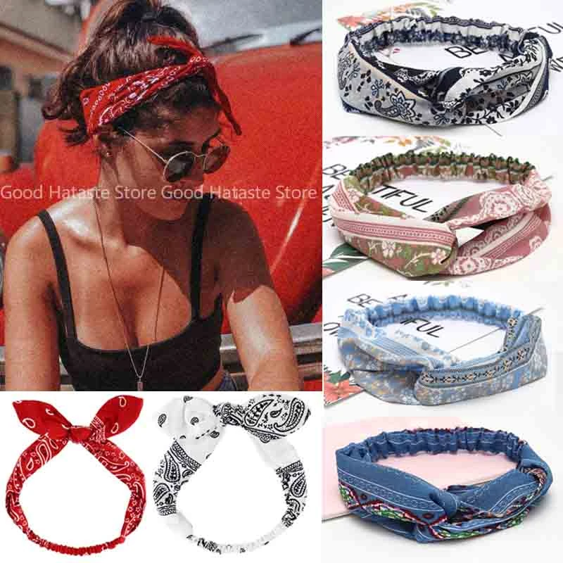 Women Girls Summer Bohemian Hair Bands Print Headbands Vintage Cross Turban Bandage Bandanas HairBands Hair Accessories Fashion