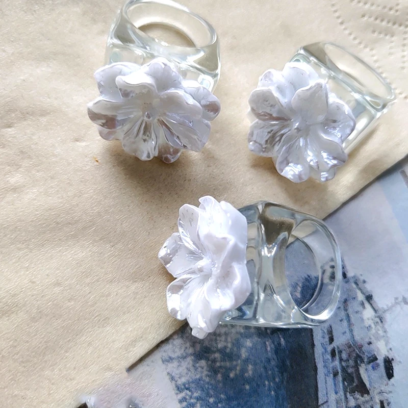 Korean Charms Handmade DIY Flower Rings for Women Resin Vintage Friendship Rings 90s Style Jewelry Gossip Girl Aesthetics Gifts