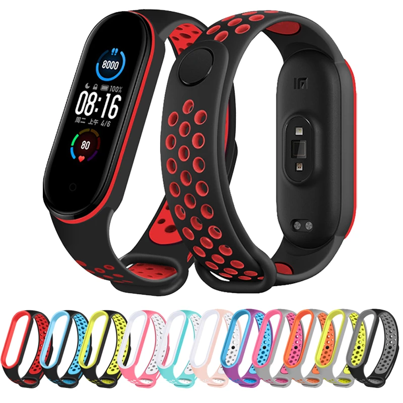 Silicone Strap for Xiaomi Mi Band 3 4 5 6 Two-color Strap Porous Anti-sweat Sport Breathable Strap Buckle Replacement Wrist Belt
