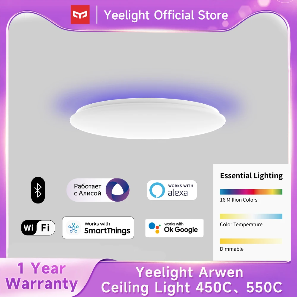 New Yeelight Ceiling Light 450C/550C Arwen Smart LED Adjustable Brightness Work With OK Google  Alexa Mijia