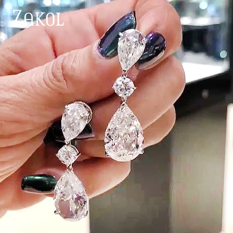 ZAKOL Luxury Bling White Crystal Teardrop Long Earring Bridal Drop Earrings for Women Fashion Wedding Jewelry Brincos FSEP2426