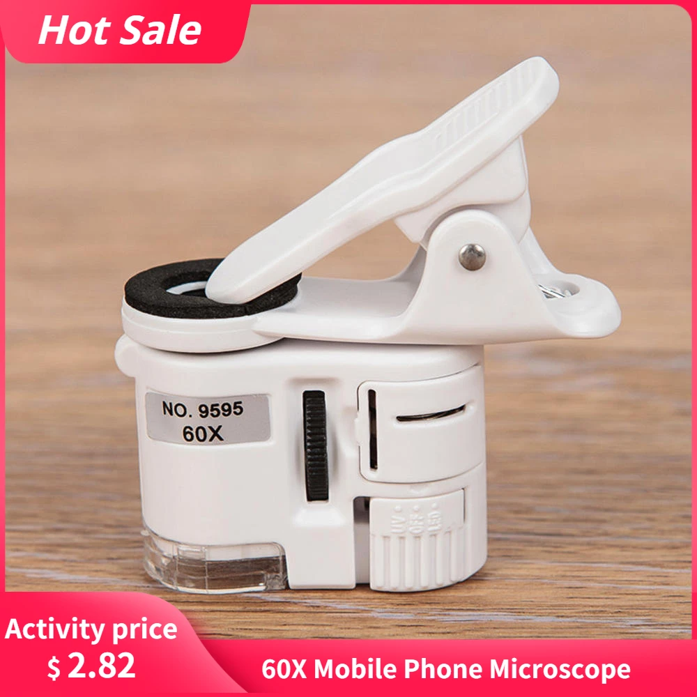 60X Universal Clip Microscope  LED Jewelry Magnifying Glass Focusing Adjusted Pocket Microscope with Cell Phone Clip