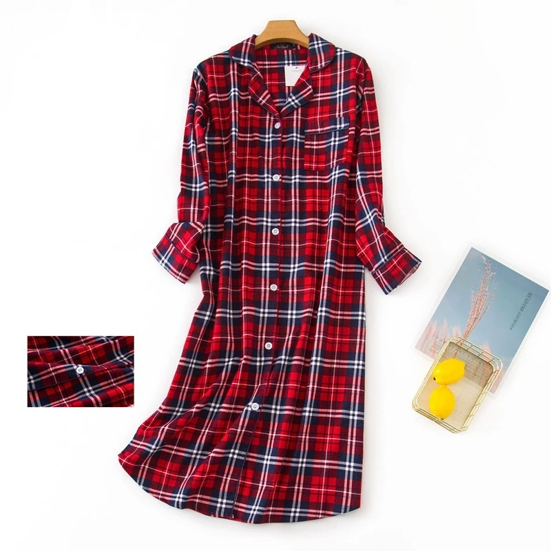 Nightgown Pyjamas Women's Sleepwear Lady Cotton Long Nightdress Plaid Cartoon Pyjamas Loungewear Nightwear With Pocketed