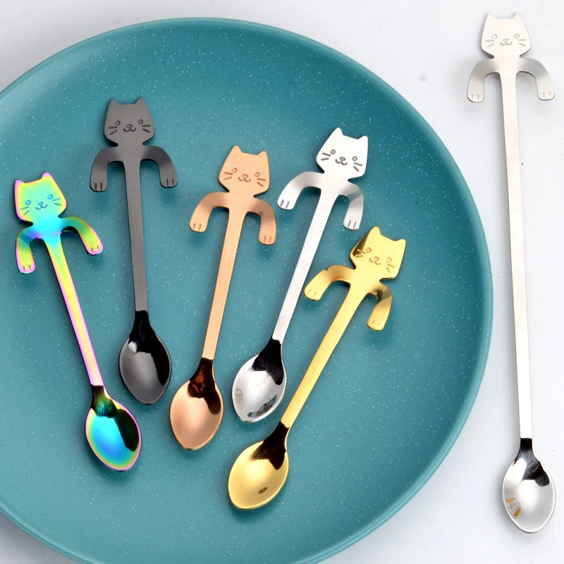 New Arrival Mini 304 Stainless Steel Cartoon Cat Spoon Long Handle Flatware Coffee Drinking Tools Kitchen Gadget Kitchen Tools