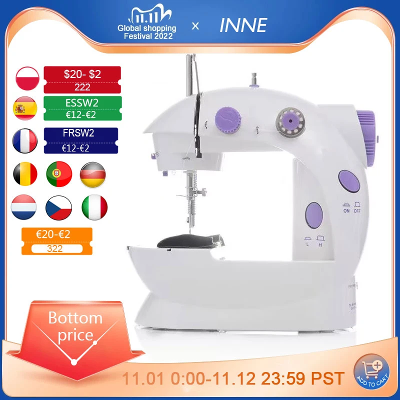 INNE Sewing Machine Mini Portable Household Night Light Foot Pedal Straight Line Hand Table Two Thread Kit Electric