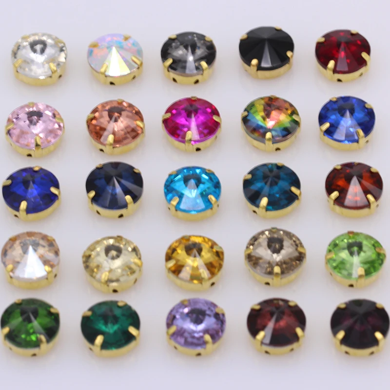 All Sizes 25-Colors 6-25mm Rivoli round sewing glass stone Gold Claw sew on crystal rhinestone for wedding dress jewelry making