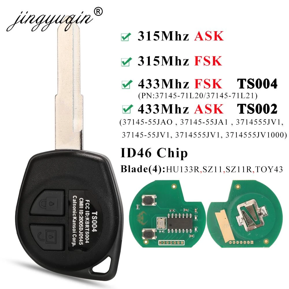 jingyuqin 315Mhz/ 433MHz ID46 Chip Car Remote Key Fit for Suzuki Swift SX4 ALTO Vitara Ignis JIMNY Splash HU87 Uncut Blade