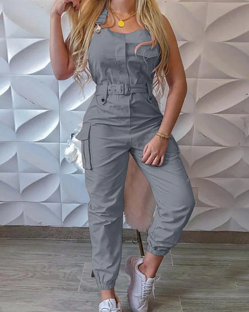 Strap Jumpsuit Women Loose Dungarees Long Rompers Summer Solid Pockets Cargo Pants Female Casual Work Out Playsuits