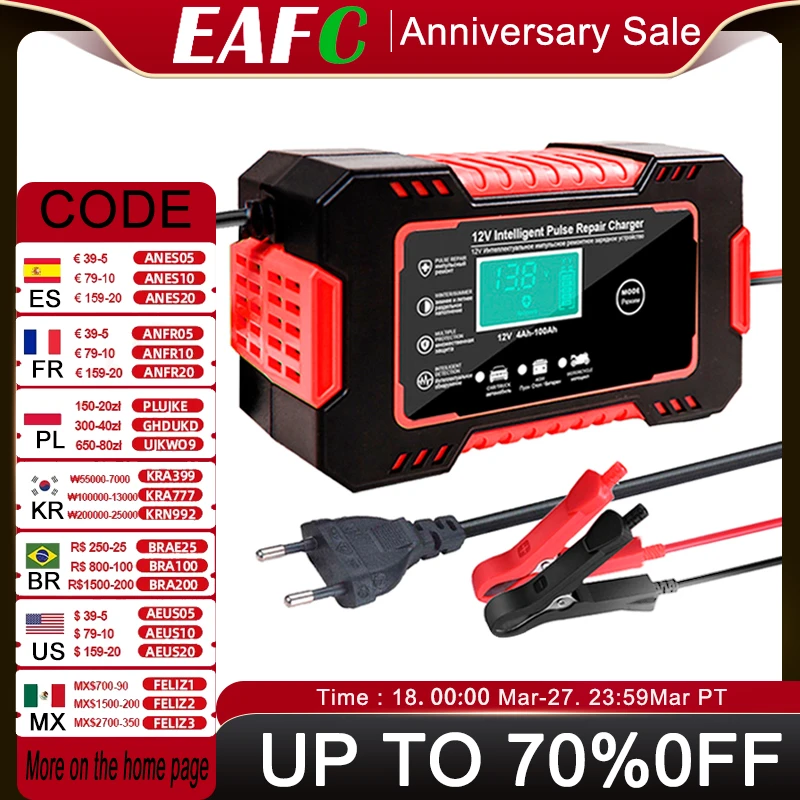 EAFC Full Automatic Car Battery Charger 12V Digital Display Battery Charger Power Puls Repair Chargers Wet Dry Lead Acid
