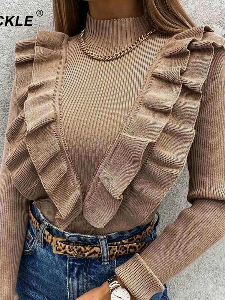 Mock Neck Ruffles Women's Knitted Sweater Long Sleeve Solid Coffee Slim Elegant Office Lady Pullover 2021 Spring Fashion Top New