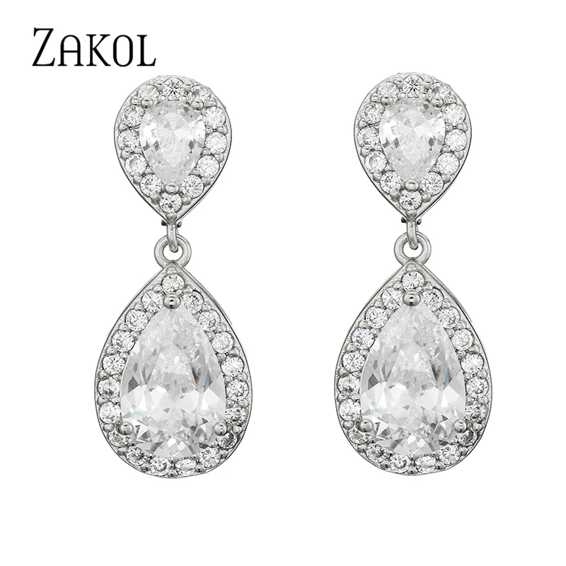 ZAKOL Nickle Free Fashion Classic Water Drop Crystal Zirconia Dangle Earrings Bridal Wedding Jewelry for Women Wholesale EP091