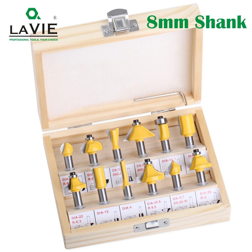 LAVIE 12pcs 8mm Router Bit Set Trimming Straight Milling Cutter Wood Bits Tungsten Carbide Cutting Woodworking Trimming MC02006