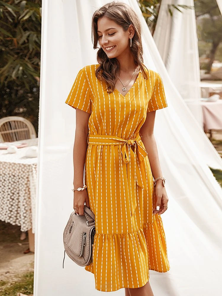 Summer Dresses Women 2021 Elegant V-neck Casual A-Line Midi Dress Vintage Pink Yellow Striped Sashes Lace-up Sundress Veatidos