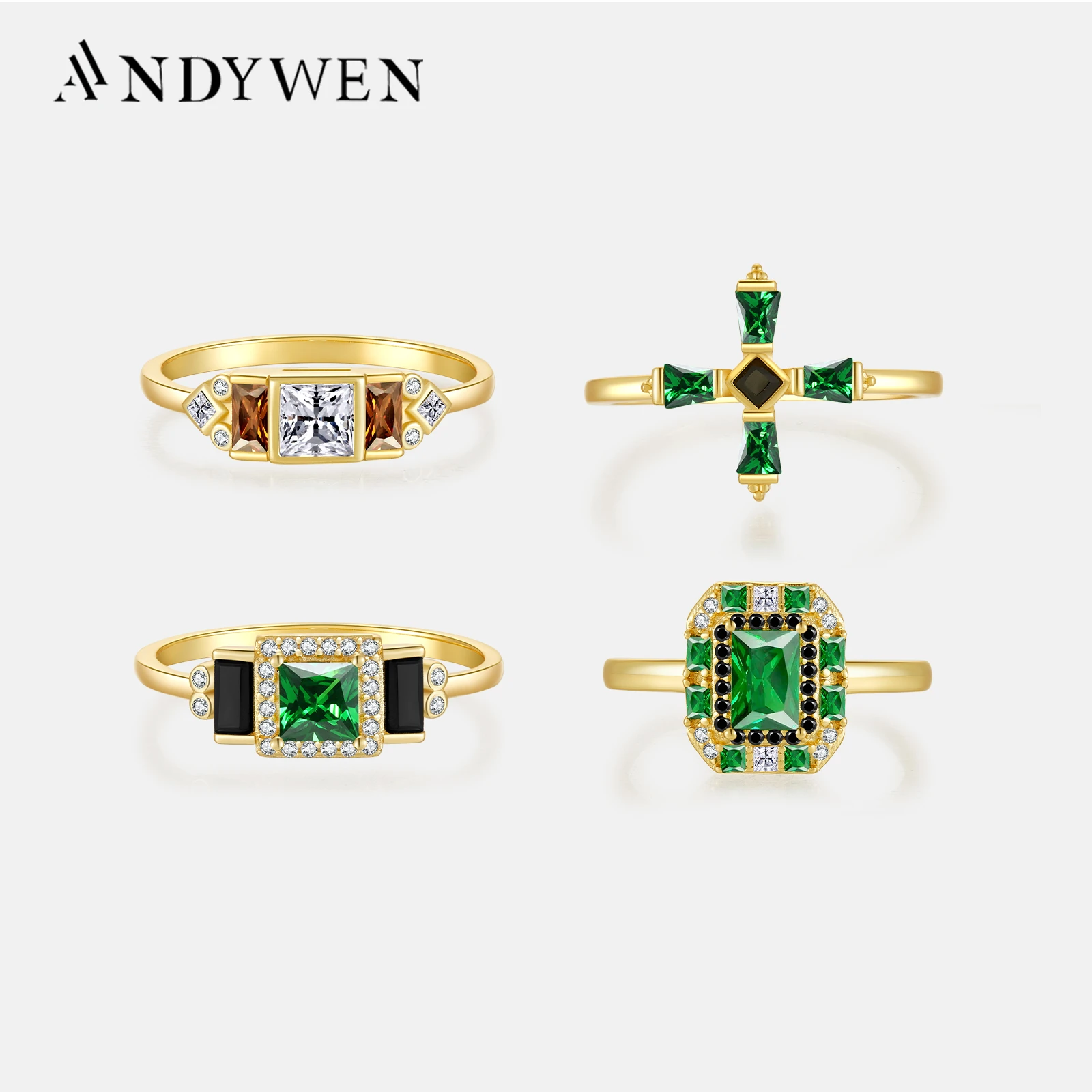 ANDYWEN 925 Sterling Silver Gold Clear Green Zircon Ring Collection Luxury Anillofino Marilyn Crystal Black Women Wedding