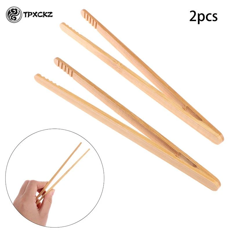 2Pcs Bamboo Tongs Wood Food Toast Salad Tongs Toaster Bacon Sugar Ice Tea Tong Clip For Cooking Baking Barbecue