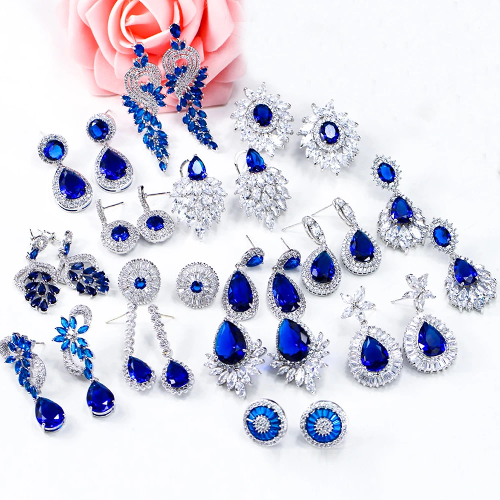 ThreeGraces Noble Big Cubic Zirconia Dark Blue Crystal Earring for Women Statement Round Flower Dangle Teardrop Earrings ER011