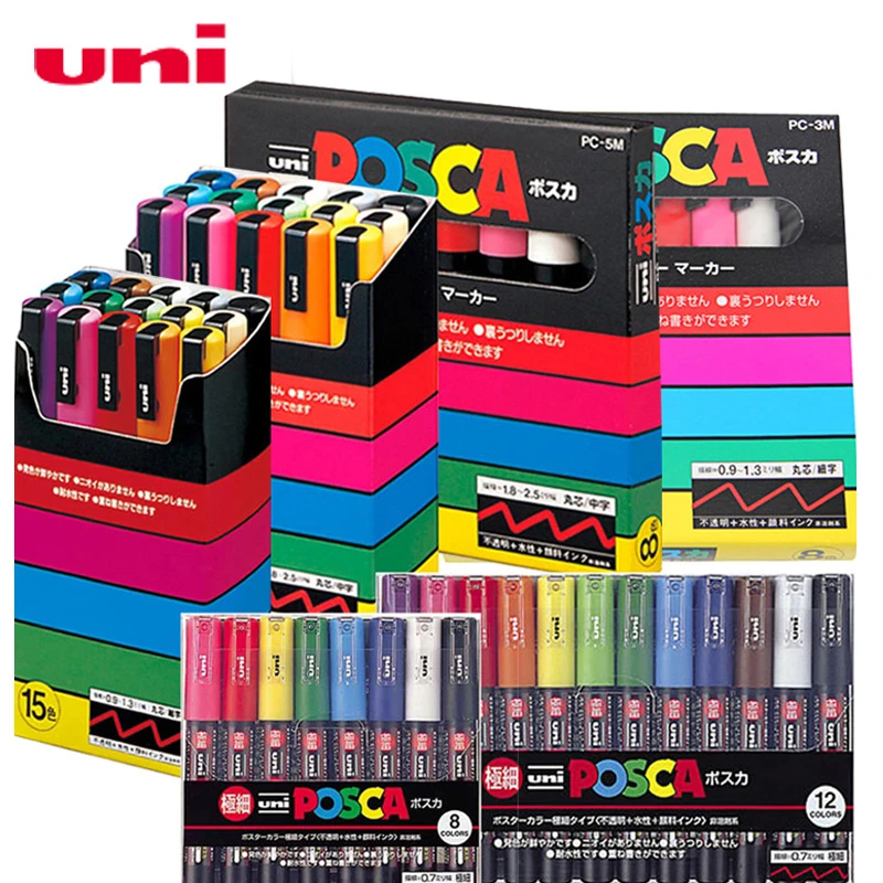 UNI POSCA Marker Pen PC-1M PC-3M PC-5M Set POP poster Advertising pen Paint pen Comic Painting Round head water Art Marker