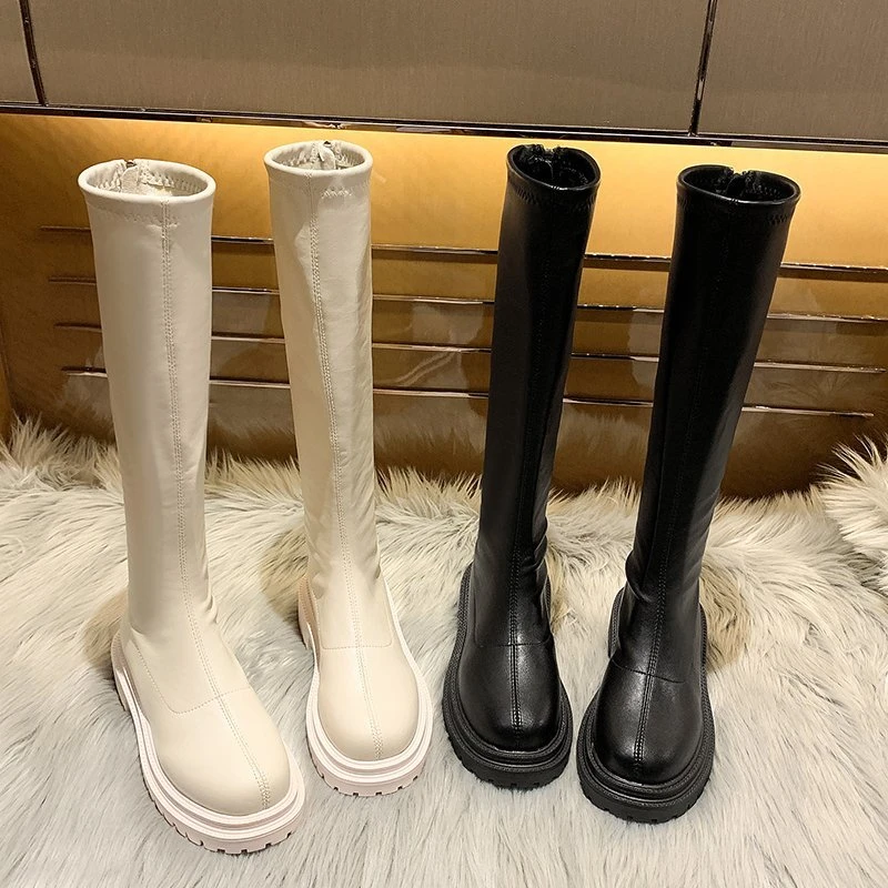 Women Platform Boots 2021 Winter Gothic Shoes Long Boots Women Fashion Black Beige Mid Calf Boots Round Toe Slip on Riding Boots