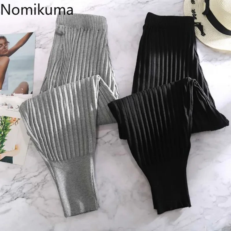 Nomikuma 2020 Autumn Winter Knitted Harem Pants Korean High Waist Ankle-length Trousers Korean Causal Women Sweater Pants 6B612