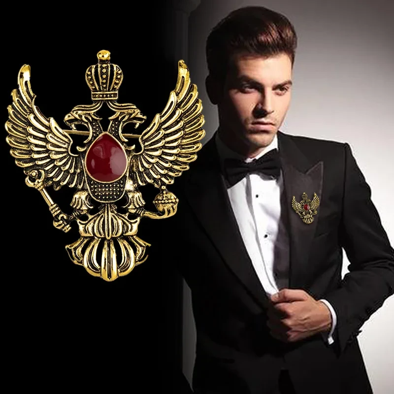 High-end Retro Wing Metal Pins and Brooches Vintage Double-headed Eagle Badge Brooch Punk Crown Suit Lapel Pin Men Accessories