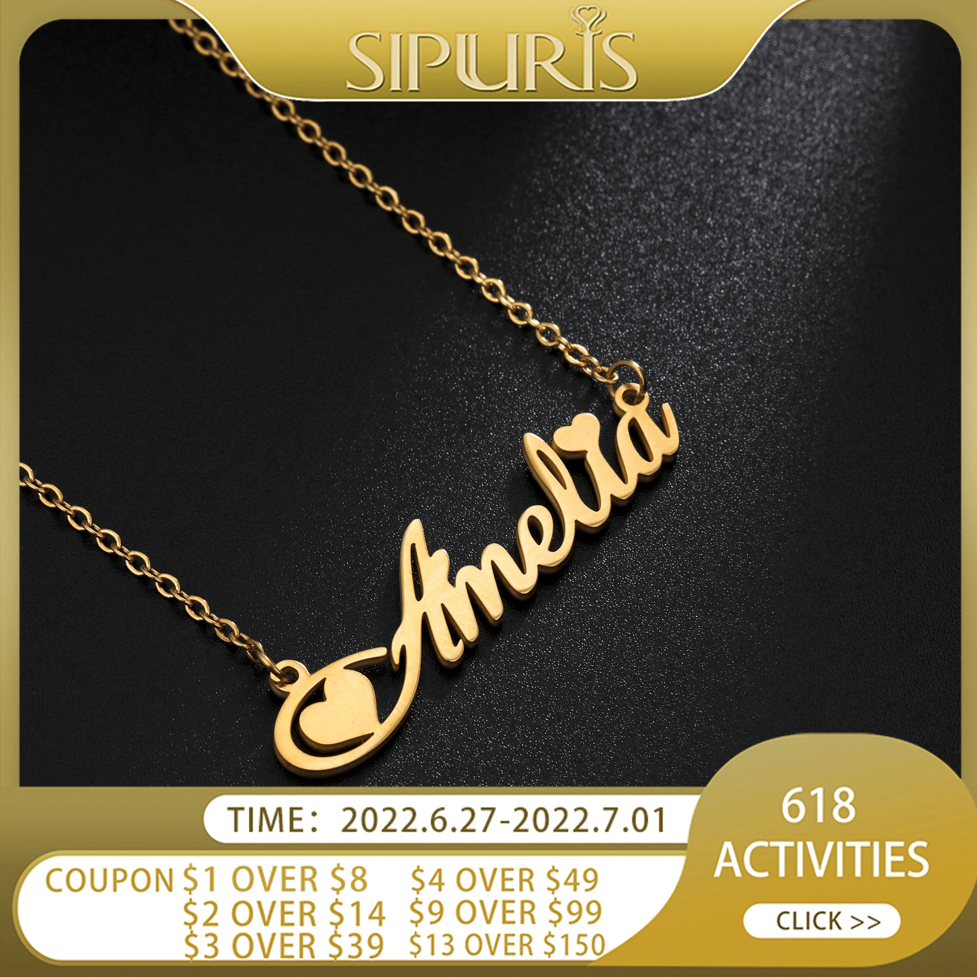 Sipuris Unique Custom Name Letter Pendant Necklace Personalized Heart Stainless Steel Necklaces For Women Jewelry Gold Gifts