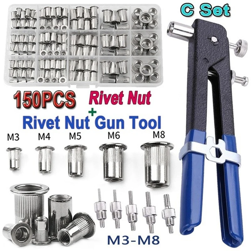 150PCS  Rivet Nuts Kit M3/M4/M5/M6/M8 +1PCS Rivet Nut Gun+5PCS Nut Rivet Mandrels repairtool,rivetgun,flatheadscrew,