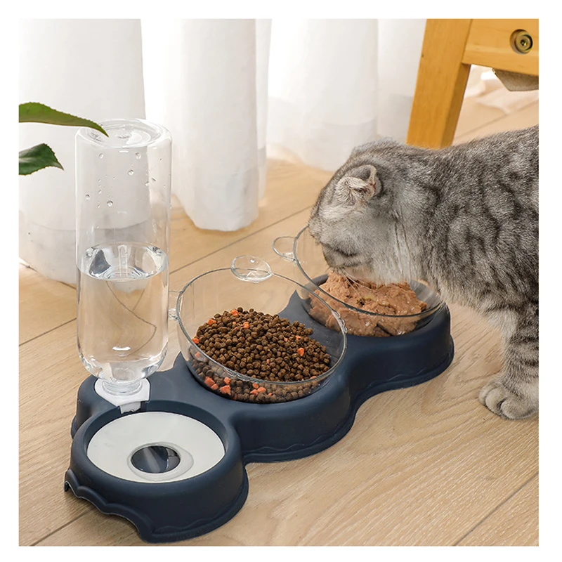 Cat double bowl, moisture-proof mouth, dual-use, three-bowl automatic feeder, automatic drinking basin, anti-overturning pet dog