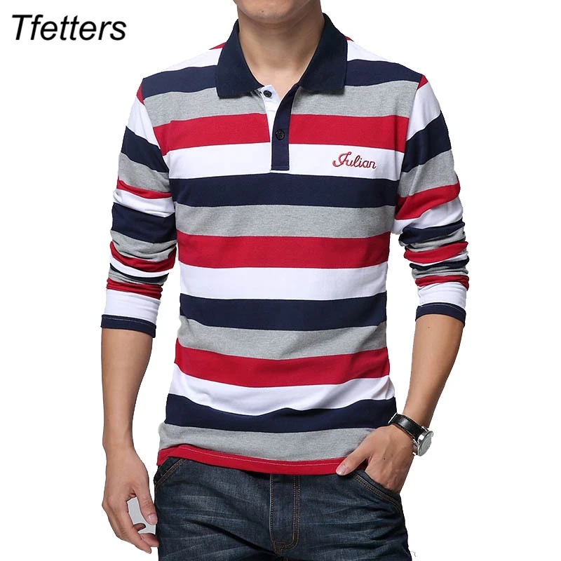 TFETTERS Autumn Men's T-shirt Stripe Pattern Letters Print Long Sleeved T-shirt Turn-down Collar Shirt T-shirt Big Size M - 5XL