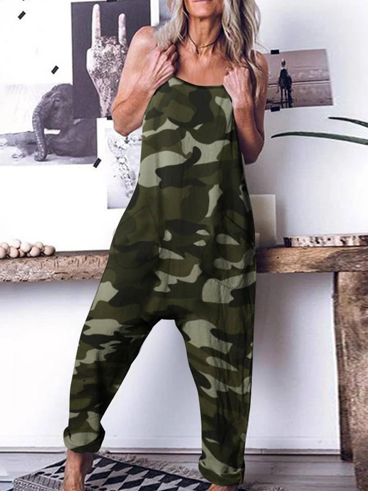 Women Jumpsuits  Long Rompers Celmia 2021 Summer Sleeveless Casual Loose Camouflage Printed Drop-Crotch Playsuits Harem Pants