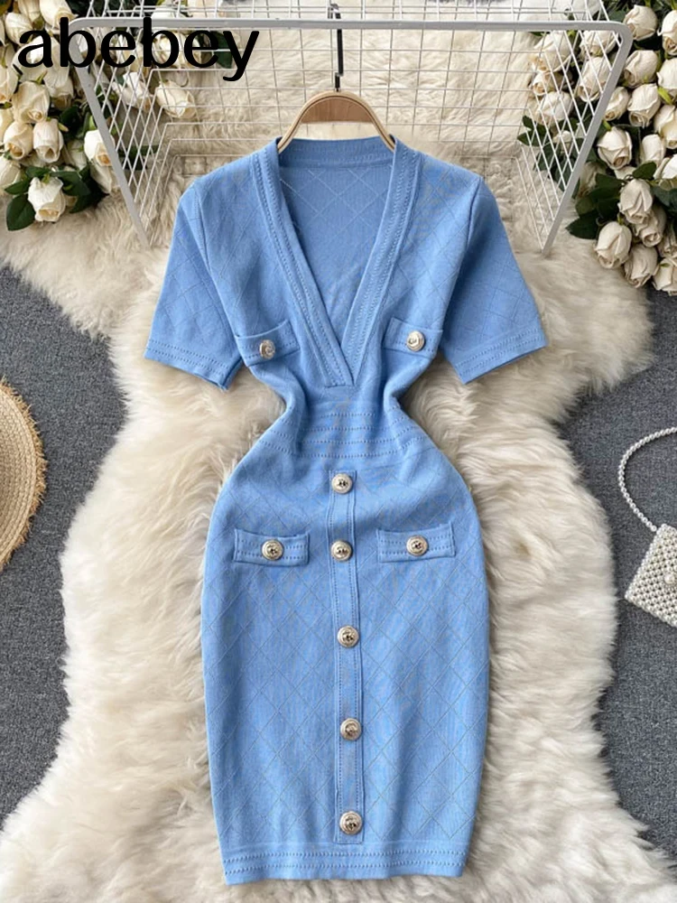 Women Knitted Pencil Dress V Neck Short Sleeve Elastic Slim Sheath Dresses Summer Korean Chic Streetwear Short Dress