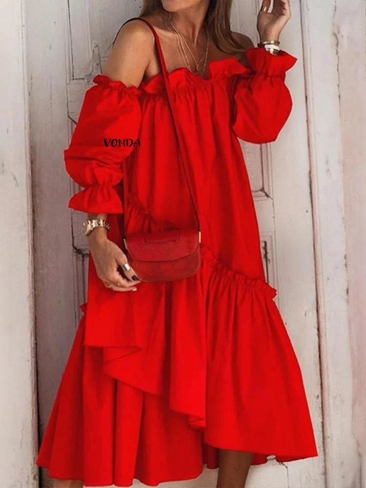 Sexy Off Shoulder Lace Pleated Autumn Dress Women Long Sleeve Irregular Hem Dress VONDA 2021 Bohemian Robe Midi Length Vestidos