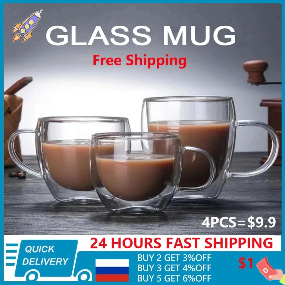 Transparent glass coffee cup milk whiskey tea beer double creative heat resistant cocktail Vodka wine mug Drinkware tumbler cups