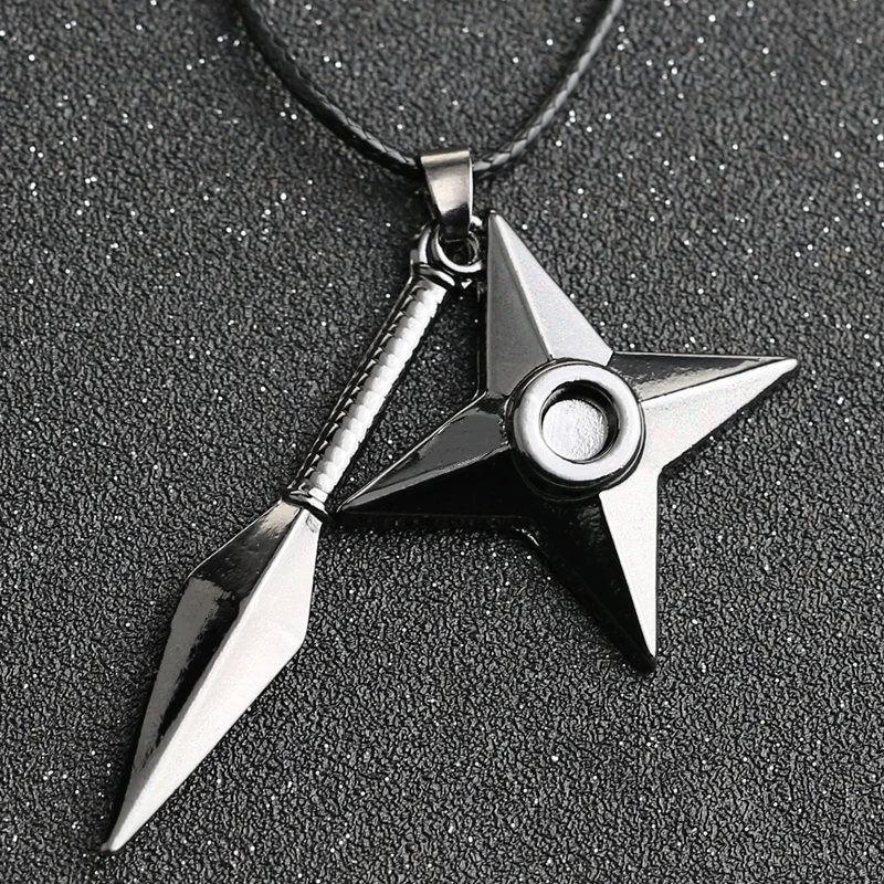 Kunai Dart Necklace Shuriken Weapon Konoha Logo Uzumaki Itachi Sasuke Pendant Leather Rope Ninja Cosplay Anime Jewelry Wholesale