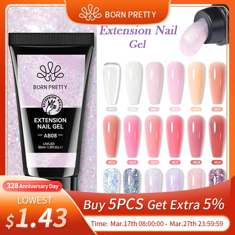 BORN PRETTY 30/20ml Glitter Acrylic Gel Finger Extension Silver Pink Extension Gel Soak Off Nail Art Gel Varnish