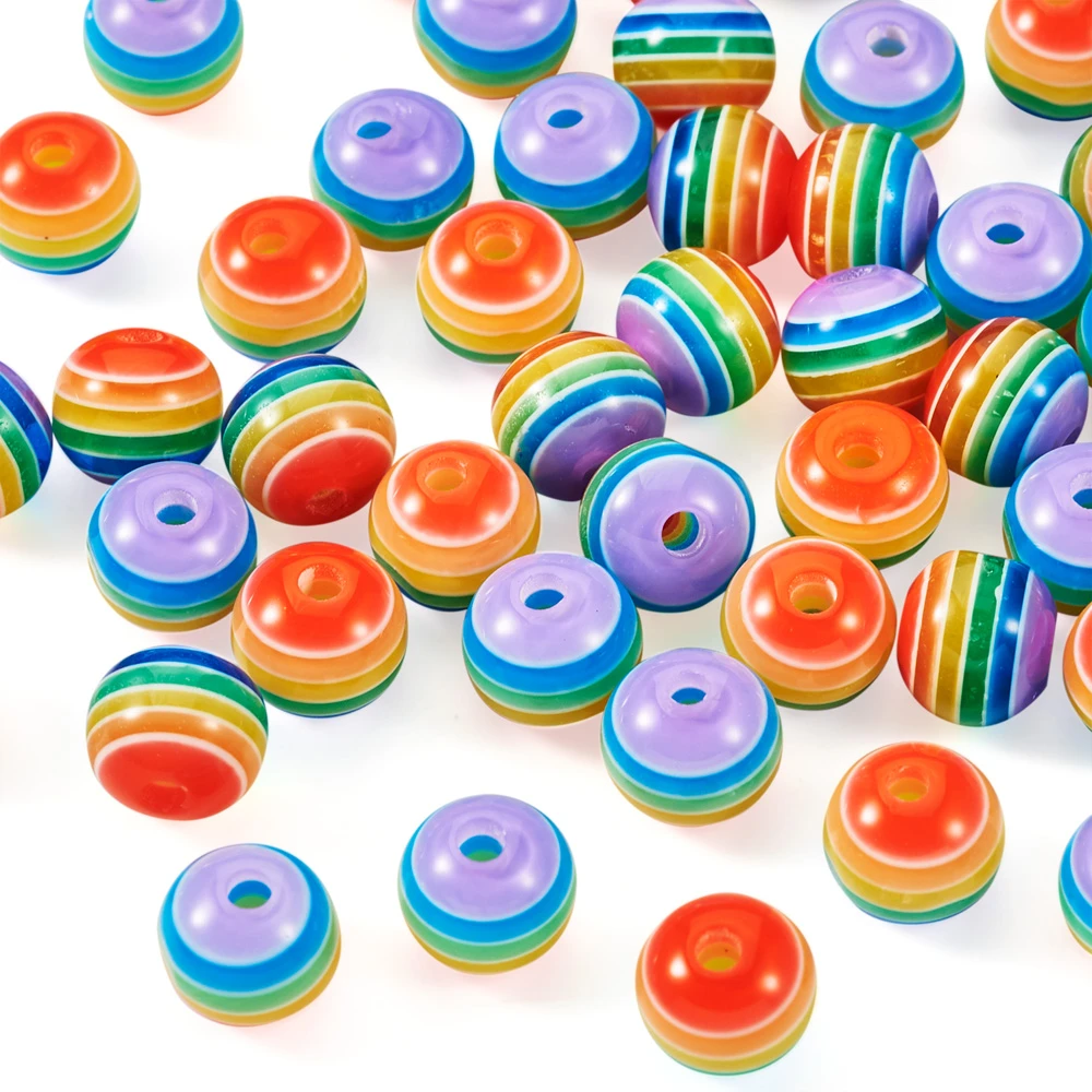 100pcs/lot 6mm/8mm Pink Round Transparent Stripe Resin Cute Rainbow Beads with 1mm Hole for DIY Jewelry Making Findings