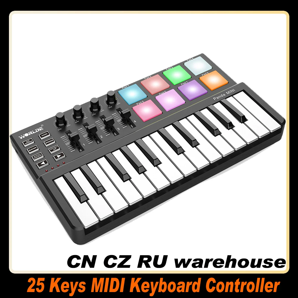 WORLDE Panda 25 Keys MIDI Keyboard Controller USB MIDI Controller 8 RGB Backlit Trigger Pads 6.35mm Pedal Jack Keyboard Piano