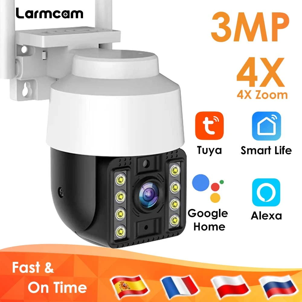 3MP CCTV Security Camera PTZ WiFi IP Camera Outdoor Two Way Audio 4x Digital Zoom Video Surveillance Camera Tuya Google Alexa