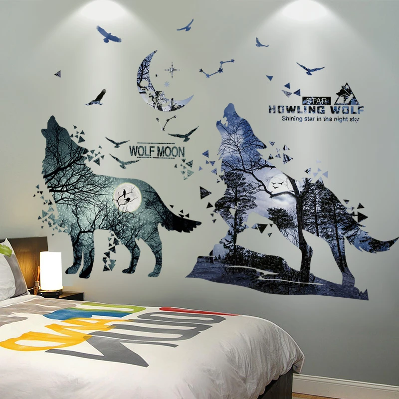 [shijuekongjian] Horrific Wolf Moon Forest Wall Stickers DIY Animal Mural Decals for Kids Room Dormitory Baby Bedroom Decoration