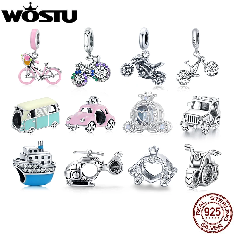 WOSTU Colorful Car Charm 925 Sterling Silver Pumpkin Car Bead Bicycle Zirconia Enamel Pendant Fit Original Bracelet DIY Jewelry