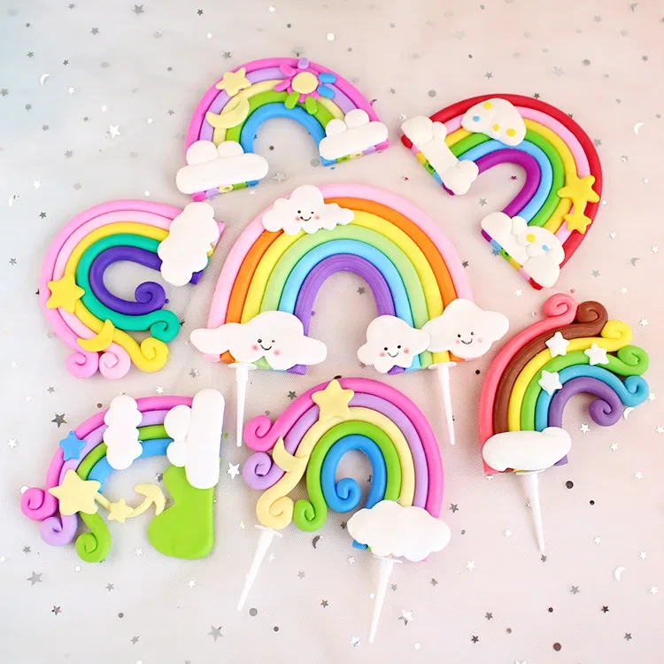 Rainbow Cake Topper Star Cloud Cupcake Decor Sofa Clay Cake Decor Baby Shower One 1st Happy Birthday Party Decor Kids Girl Boy