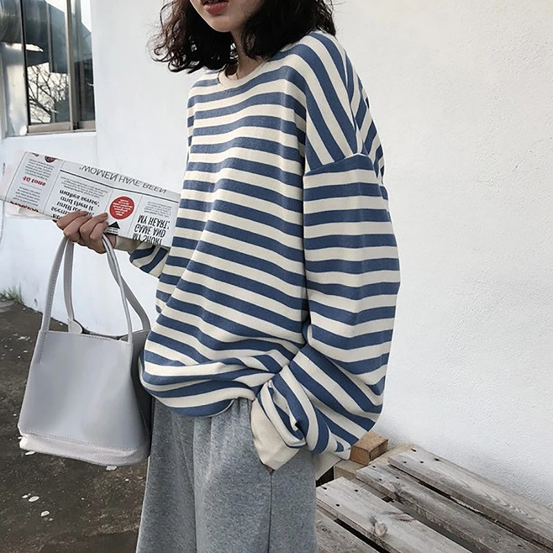 Hoodies Women Harajuku Gothic stripe cotton Hoodie Clothes 2021 Autumn long sleeve loose Kawaii Korean thin Sweatshirt kpop Tops