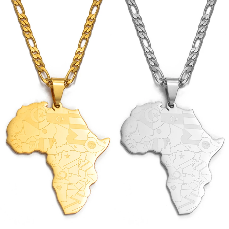 Anniyo Silver Color/Gold Color Africa Map With Flag Pendant Chain Necklaces African Maps Jewelry for Women Men #035321P