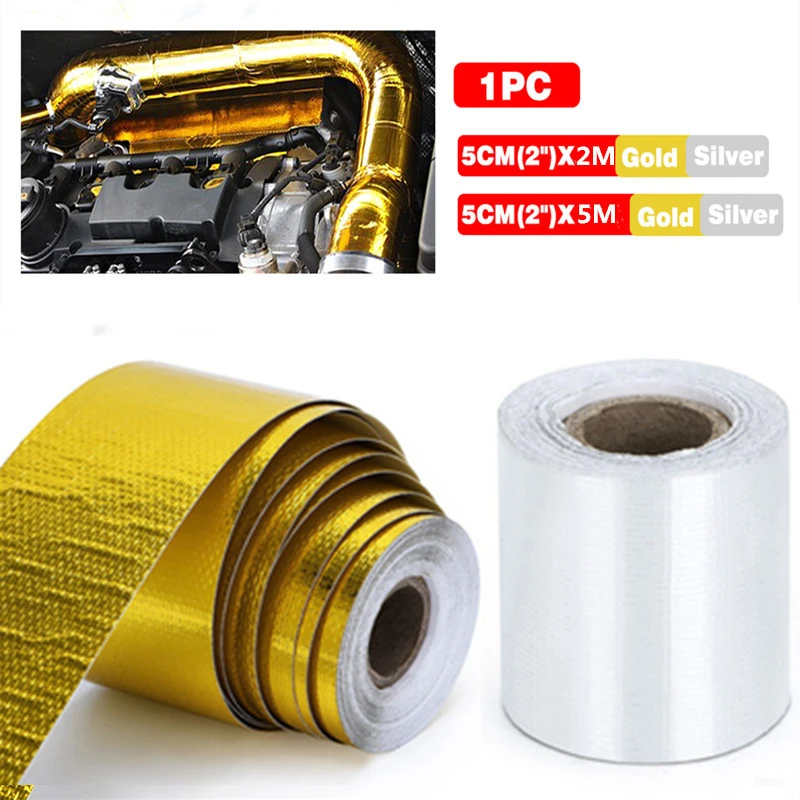 A Gold 2'' Thermal exhaust Tape Air Intake Heat Insulation Shield Wrap Reflective Heat Barrier Self Adhesive Engine 2 Inch 2/5M