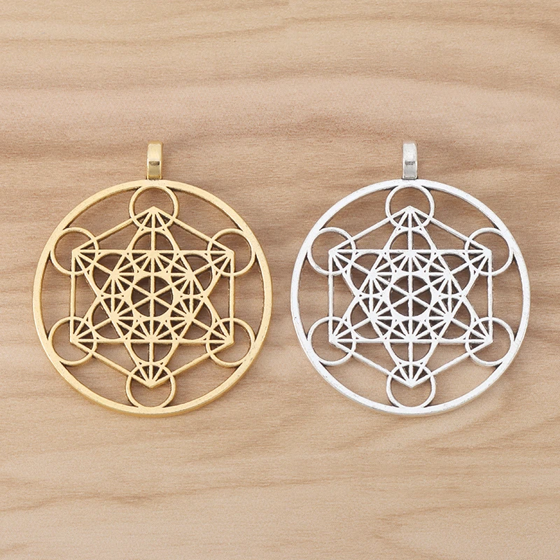 6 Pieces Gold/Silver Color Large Archangel Metatron Cube Symbol Round Charms Pendants for Necklace Jewelry Making Findings 40mm