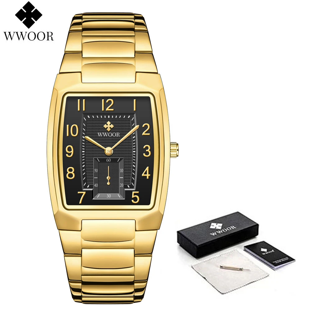 WWOOR 2021 New Design Square Watch For Men Top Brand Luxury Business Stainless Steel Gold Quartz Wrist Watches Relogio Masculino