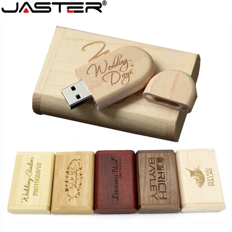 JASTER 1PCS Free Custom LOGO Wooden + Box Personal Pendrive 4GB 16GB 32GB 64GB USB Flash Drive U Disk Memory Stick Wedding Gift
