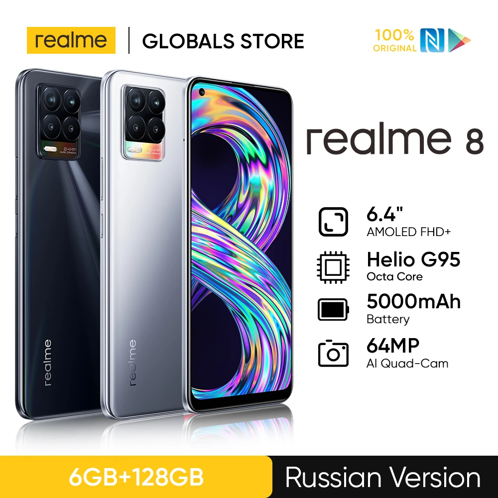 realme 8 6GB RAM 128GB ROM 30W Charge Mobile Phone Helio G95 Octa Core 6.44